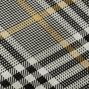 HomeRoots 8' Black Ivory and Gold Plaid Round Rug - Washable, UV Protected, Durable for High-Traffic Areas 682604