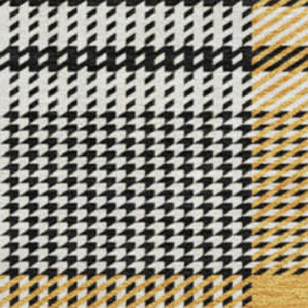 HomeRoots 8' Black Ivory and Gold Plaid Round Rug - Washable, UV Protected, Durable for High-Traffic Areas 682604