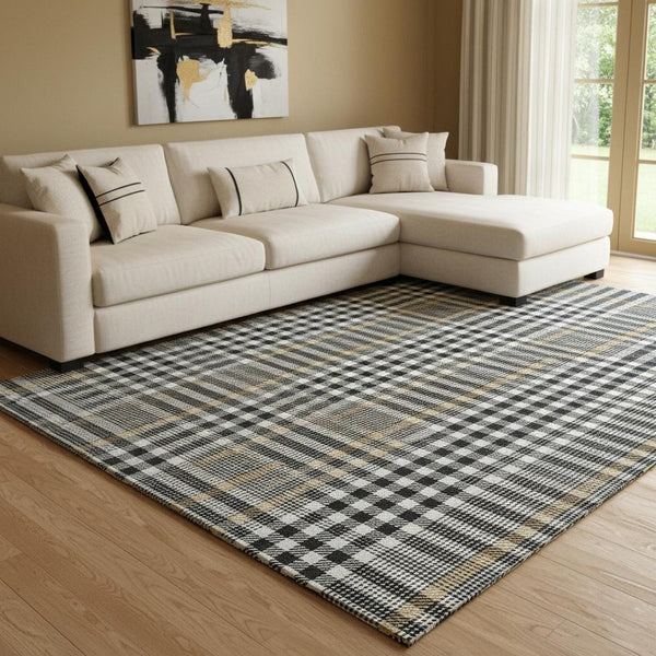 HomeRoots 8' X 10' Washable Plaid Area Rug in Black, Ivory & Gold - UV Resistant, Stain-Resistant, Durable Style 682605