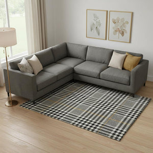 HomeRoots 9' X 12' Washable Black Ivory Gold Plaid Area Rug with UV Protection for High-Traffic Spaces 682606