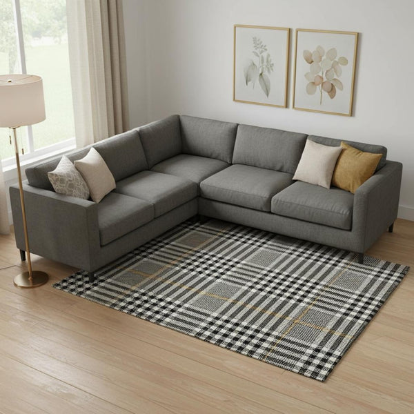 HomeRoots 9' X 12' Washable Black Ivory Gold Plaid Area Rug with UV Protection for High-Traffic Spaces 682606
