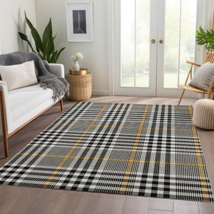 HomeRoots 9' X 12' Washable Black Ivory Gold Plaid Area Rug with UV Protection for High-Traffic Spaces 682606
