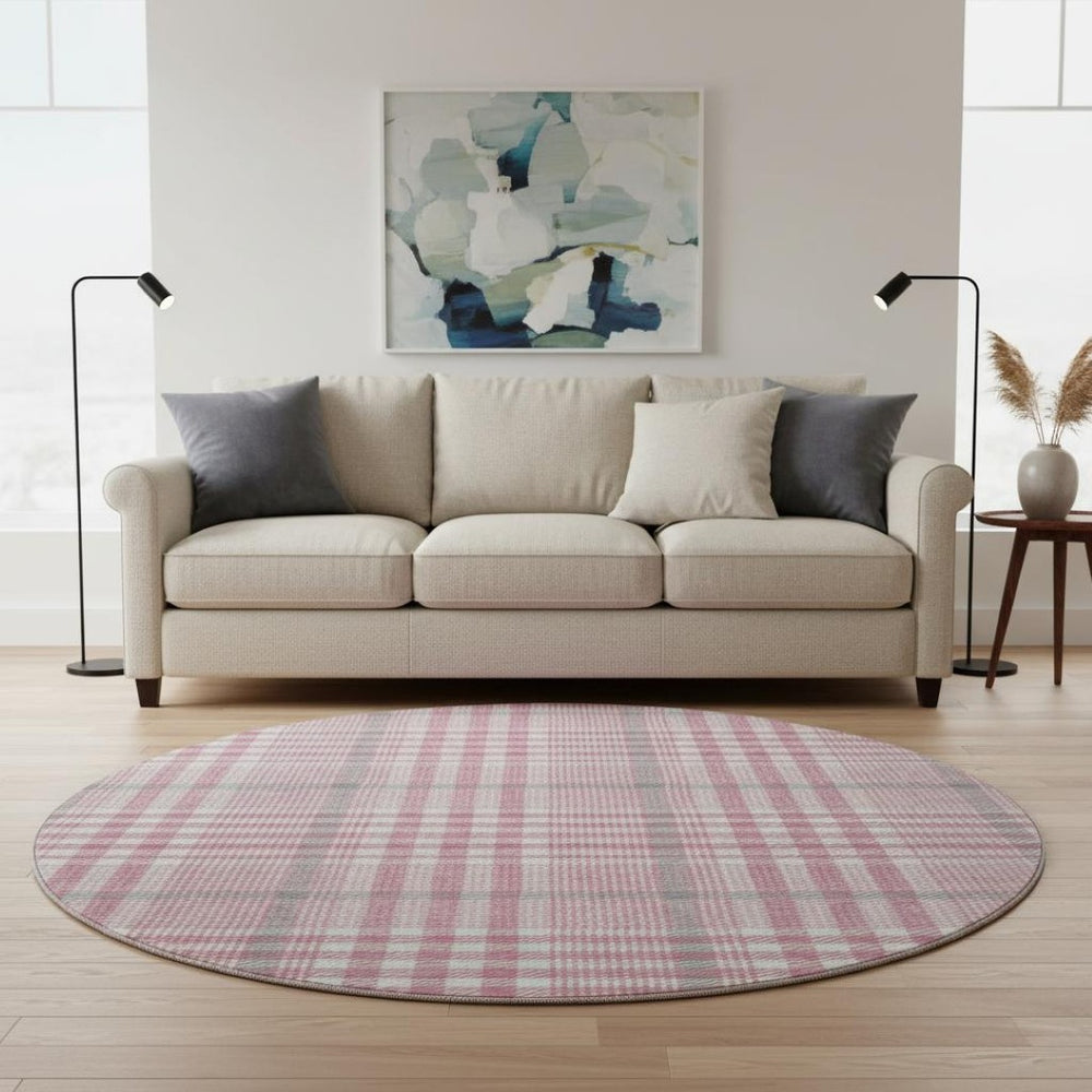 HomeRoots 8' Blush Ivory And Gray Plaid Washable Round Rug - Durable, Stain Resistant, UV Protected Beauty! 682610