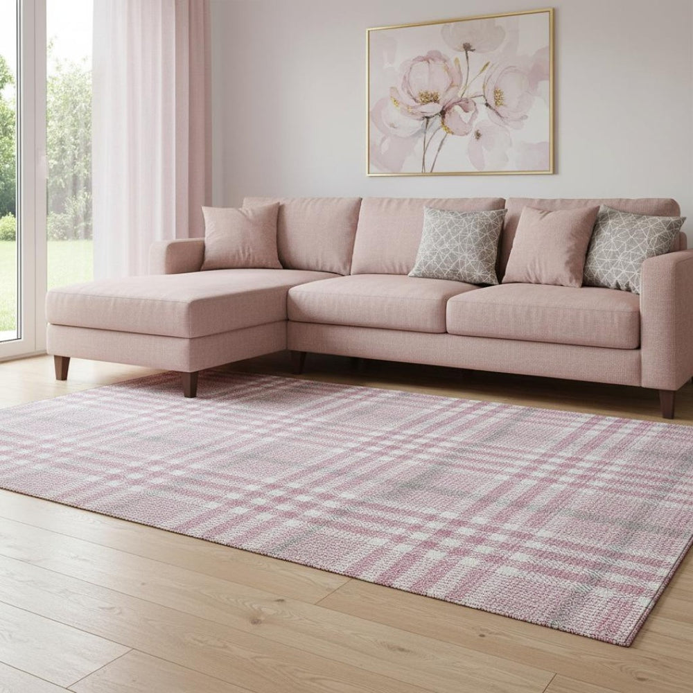 HomeRoots 8' X 10' Blush Ivory Gray Plaid Area Rug – Durable, Stain-Resistant, UV Protected for Busy Homes 682611