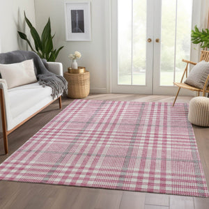 HomeRoots 8' X 10' Blush Ivory Gray Plaid Area Rug – Durable, Stain-Resistant, UV Protected for Busy Homes 682611