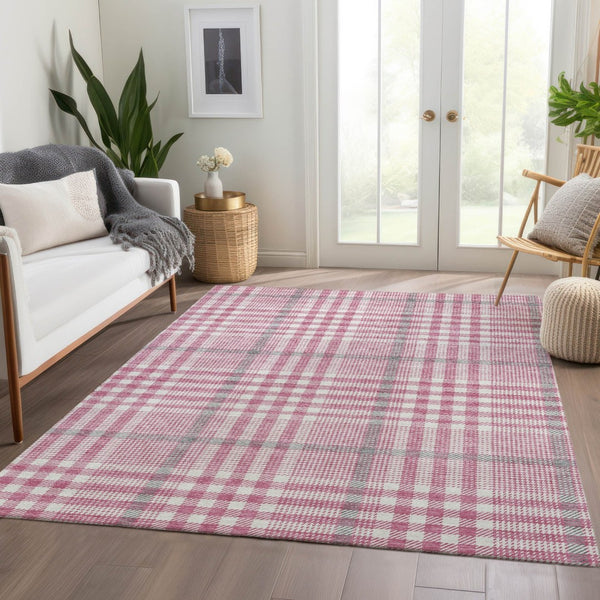 HomeRoots 8' X 10' Blush Ivory Gray Plaid Area Rug – Durable, Stain-Resistant, UV Protected for Busy Homes 682611