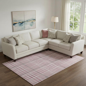 HomeRoots 9' X 12' Blush Ivory Gray Plaid Washable Area Rug - Durable, UV-Protected, Elegant Design for Homes 682612