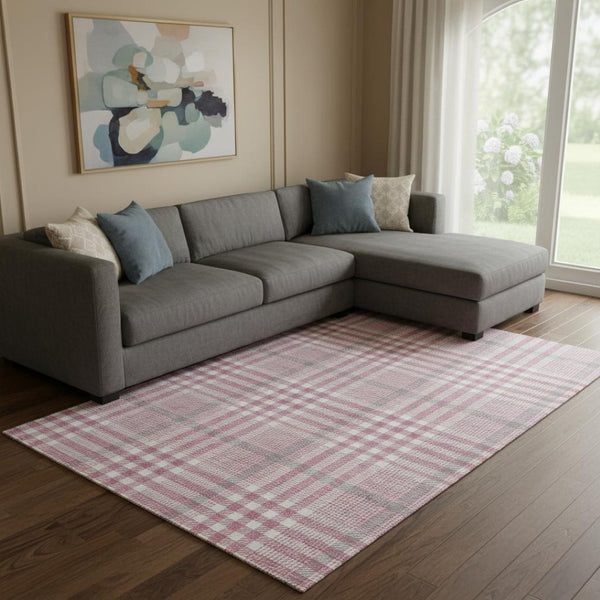 HomeRoots 10' X 14' Blush Ivory Gray Plaid Washable Area Rug - Durable, UV-Protected, Stylish for Every Home 682613