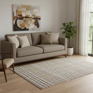 HomeRoots 5' X 8' Washable Brown Ivory Gold Plaid Area Rug – UV Protected, Stain-Resistant, Durable Design 682615