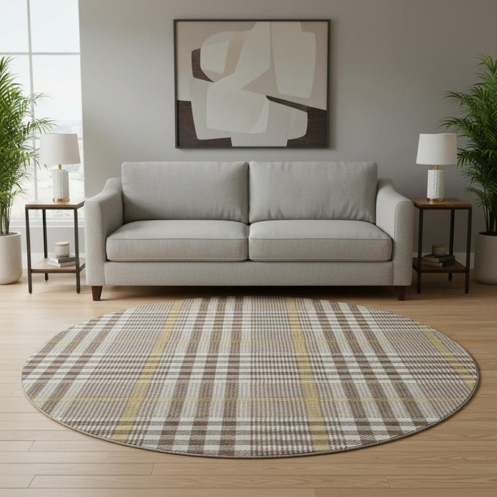 HomeRoots 8' Brown Ivory and Gold Plaid Round Rug - Washable, UV Protected, Stylish & Stain Resistant for Homes 682616