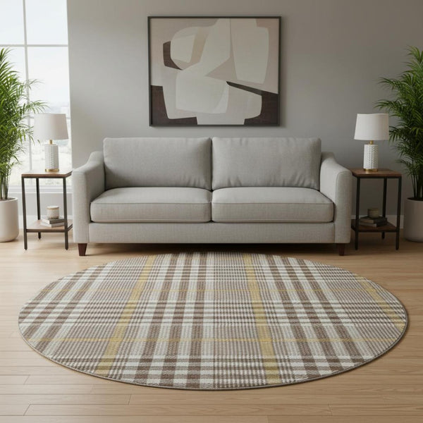 HomeRoots 8' Brown Ivory and Gold Plaid Round Rug - Washable, UV Protected, Stylish & Stain Resistant for Homes 682616