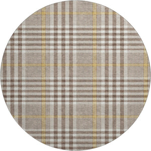 HomeRoots 8' Brown Ivory and Gold Plaid Round Rug - Washable, UV Protected, Stylish & Stain Resistant for Homes 682616