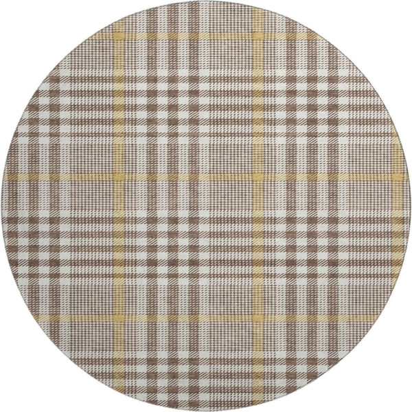 HomeRoots 8' Brown Ivory and Gold Plaid Round Rug - Washable, UV Protected, Stylish & Stain Resistant for Homes 682616