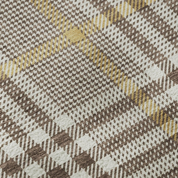 HomeRoots 8' Brown Ivory and Gold Plaid Round Rug - Washable, UV Protected, Stylish & Stain Resistant for Homes 682616