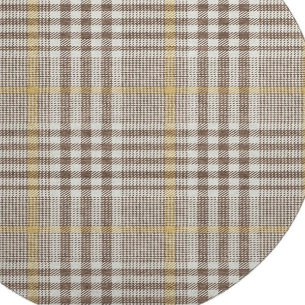 HomeRoots 8' Brown Ivory and Gold Plaid Round Rug - Washable, UV Protected, Stylish & Stain Resistant for Homes 682616