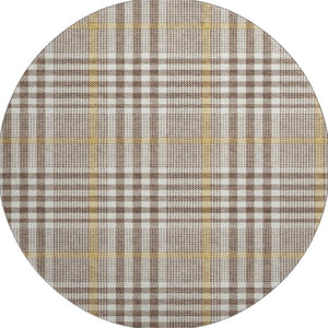 HomeRoots 8' Brown Ivory and Gold Plaid Round Rug - Washable, UV Protected, Stylish & Stain Resistant for Homes 682616