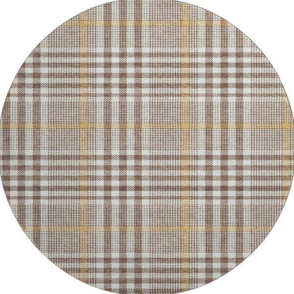 HomeRoots 8' Brown Ivory and Gold Plaid Round Rug - Washable, UV Protected, Stylish & Stain Resistant for Homes 682616