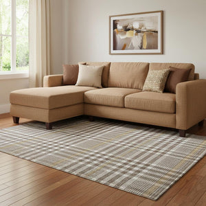 HomeRoots 8' X 10' Brown Ivory Gold Plaid Area Rug - Washable, UV-Protected, Stain-Resistant for Durability 682617