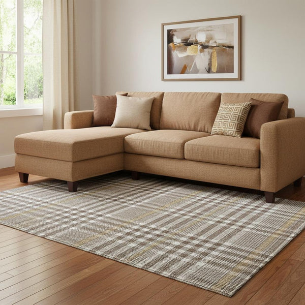 HomeRoots 8' X 10' Brown Ivory Gold Plaid Area Rug - Washable, UV-Protected, Stain-Resistant for Durability 682617