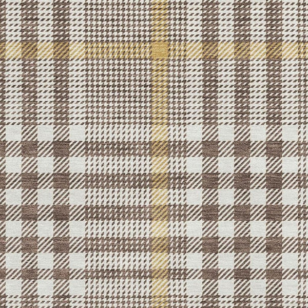 HomeRoots 8' X 10' Brown Ivory Gold Plaid Area Rug - Washable, UV-Protected, Stain-Resistant for Durability 682617