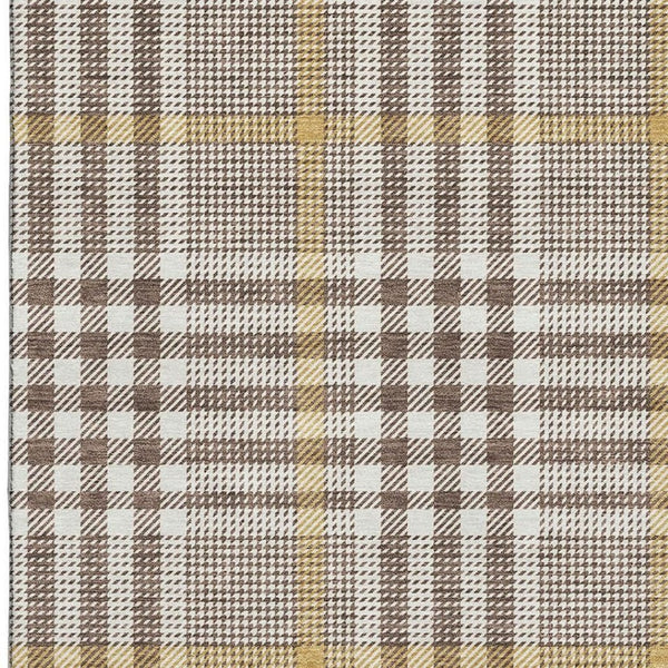 HomeRoots 8' X 10' Brown Ivory Gold Plaid Area Rug - Washable, UV-Protected, Stain-Resistant for Durability 682617