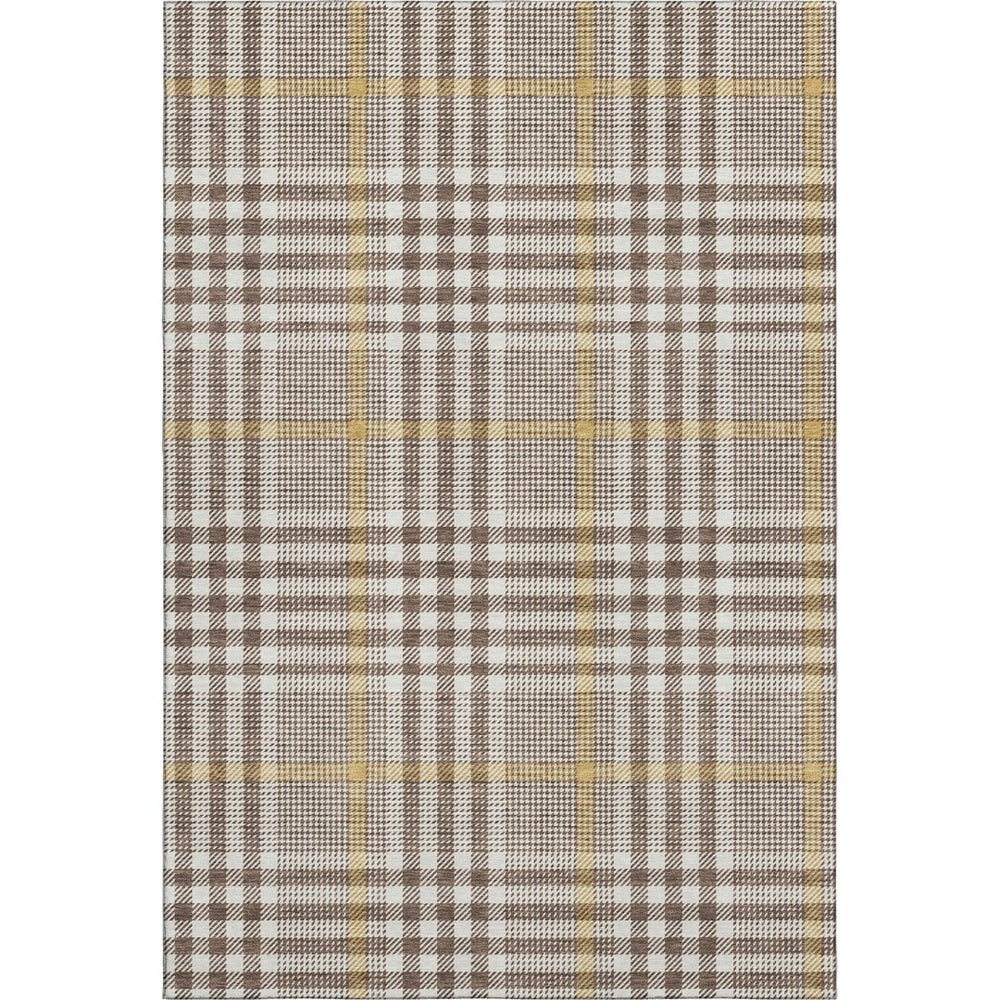 HomeRoots 9' X 12' Washable Brown Ivory Gold Plaid Area Rug with UV Protection - Perfect for Families & Pets! 682618