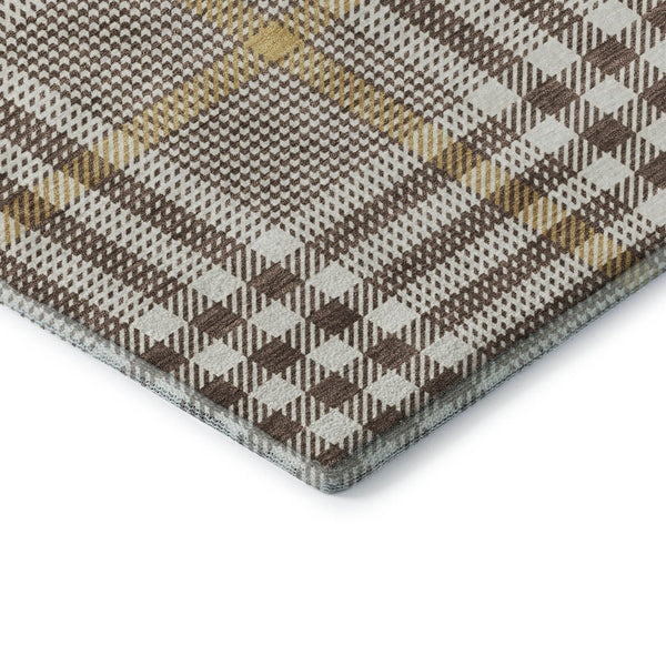 HomeRoots 9' X 12' Washable Brown Ivory Gold Plaid Area Rug with UV Protection - Perfect for Families & Pets! 682618