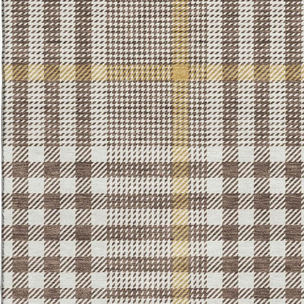 HomeRoots 9' X 12' Washable Brown Ivory Gold Plaid Area Rug with UV Protection - Perfect for Families & Pets! 682618