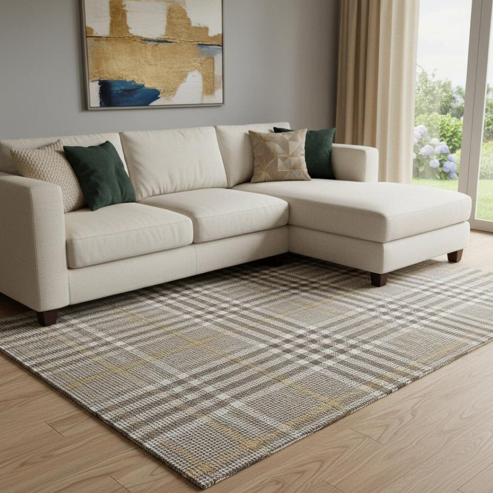 HomeRoots 10' X 14' Brown Ivory Gold Plaid Washable Area Rug – Durable, Stain-Resistant, UV Protected Comfort 682619