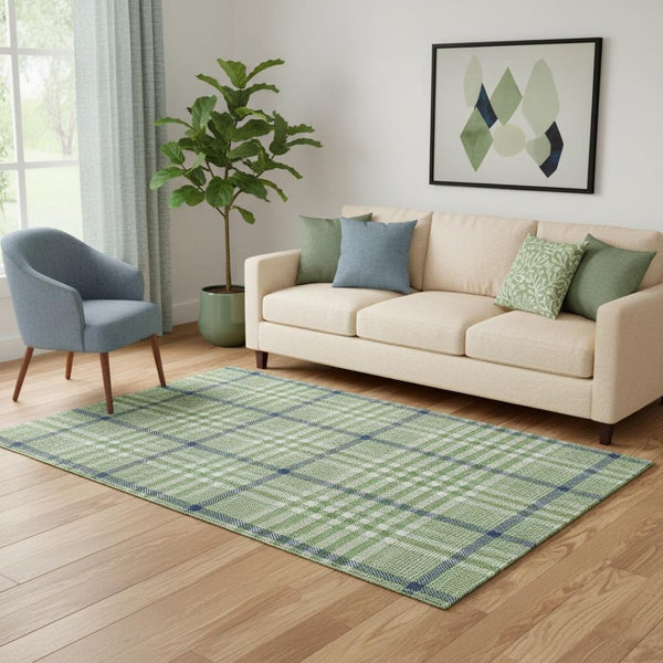 HomeRoots 5' X 8' Washable Area Rug in Green, Ivory & Blue Plaid - Durable, UV Protected & Stain Resistant! 682621