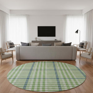 HomeRoots 8' Green Ivory and Blue Plaid Washable Round Rug with Stain Resistance & UV Protection for Any Space 682622