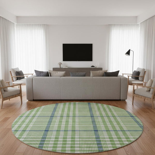 HomeRoots 8' Green Ivory and Blue Plaid Washable Round Rug with Stain Resistance & UV Protection for Any Space 682622