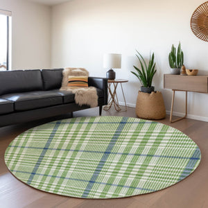 HomeRoots 8' Green Ivory and Blue Plaid Washable Round Rug with Stain Resistance & UV Protection for Any Space 682622