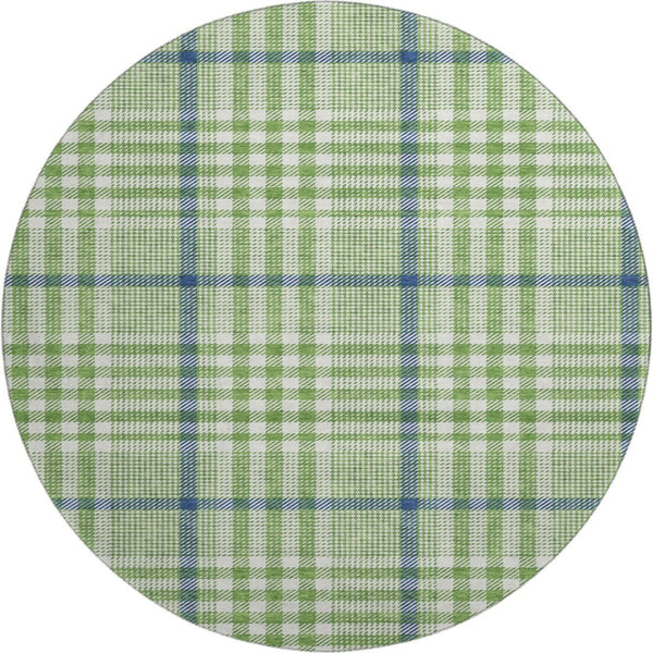 HomeRoots 8' Green Ivory and Blue Plaid Washable Round Rug with Stain Resistance & UV Protection for Any Space 682622