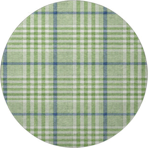 HomeRoots 8' Green Ivory and Blue Plaid Washable Round Rug with Stain Resistance & UV Protection for Any Space 682622