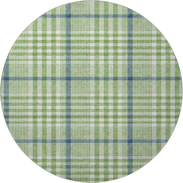 HomeRoots 8' Green Ivory and Blue Plaid Washable Round Rug with Stain Resistance & UV Protection for Any Space 682622