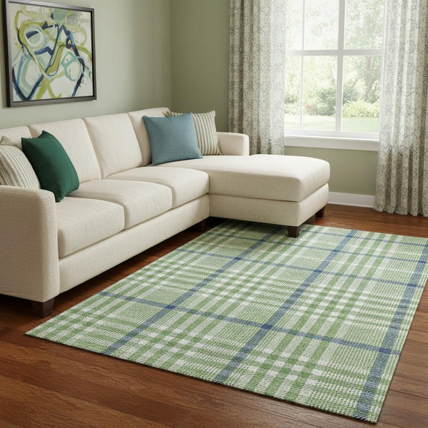 HomeRoots 8' X 10' Washable Plaid Area Rug with UV Protection - Stylish Green, Ivory & Blue for Any Room 682623