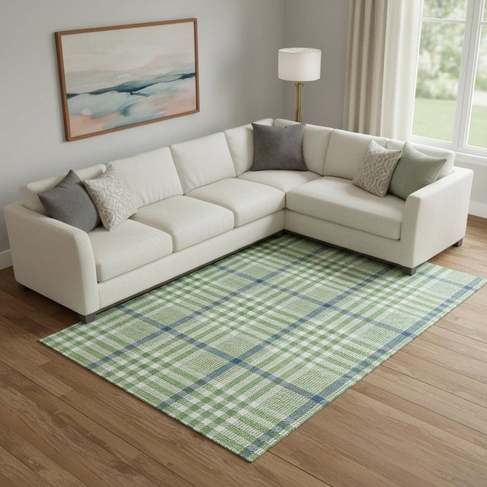 HomeRoots 9' x 12' Green, Ivory & Blue Plaid Area Rug – Washable, UV Protected & Family-Friendly for Any Room 682624