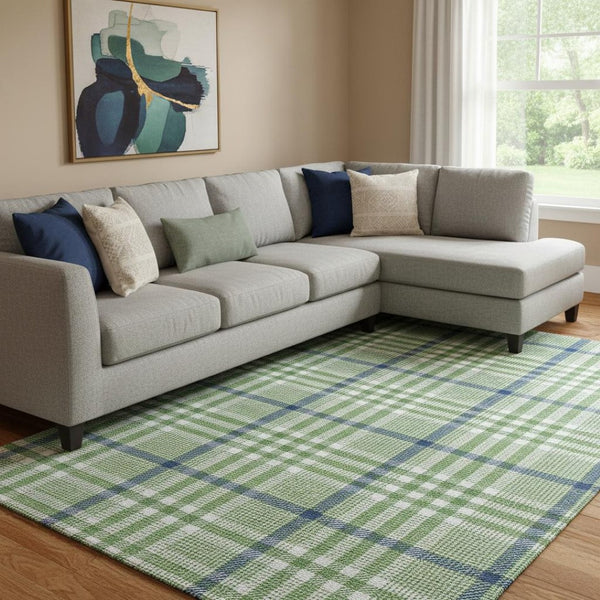 HomeRoots 10' X 14' Green Ivory & Blue Plaid Washable Area Rug - Durable, UV-Protected, Perfect for High-Traffic Areas! 682625