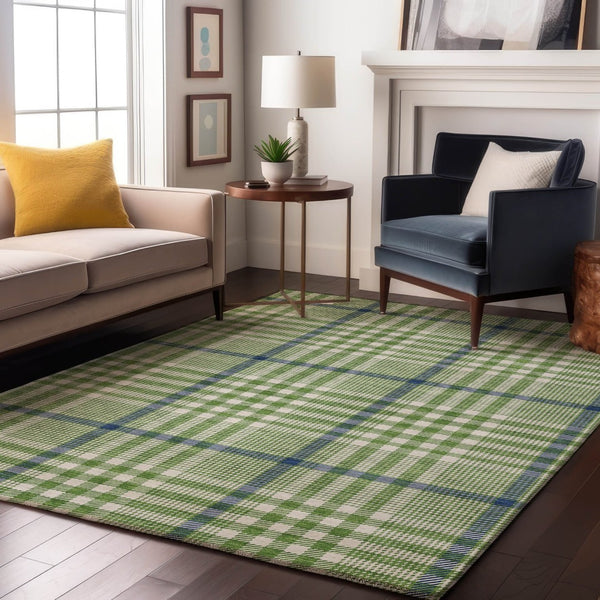 HomeRoots 10' X 14' Green Ivory & Blue Plaid Washable Area Rug - Durable, UV-Protected, Perfect for High-Traffic Areas! 682625