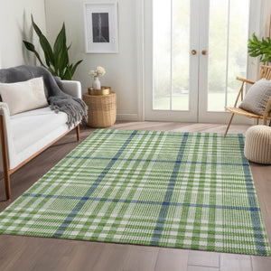 HomeRoots 10' X 14' Green Ivory & Blue Plaid Washable Area Rug - Durable, UV-Protected, Perfect for High-Traffic Areas! 682625