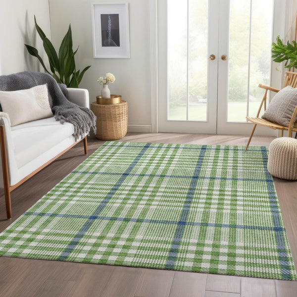 HomeRoots 10' X 14' Green Ivory & Blue Plaid Washable Area Rug - Durable, UV-Protected, Perfect for High-Traffic Areas! 682625