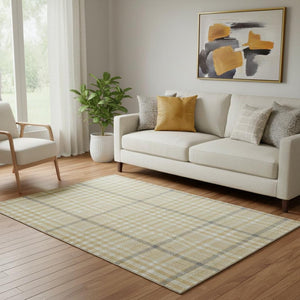 HomeRoots 5' X 8' Stylish Gold Ivory Gray Plaid Washable Area Rug with UV Protection - Perfect for Busy Homes! 682627