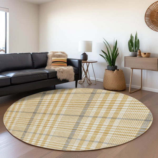 HomeRoots 8' Gold Ivory and Gray Plaid Washable Round Rug - Durable, UV-Protected, Stylish for Any Space 682628