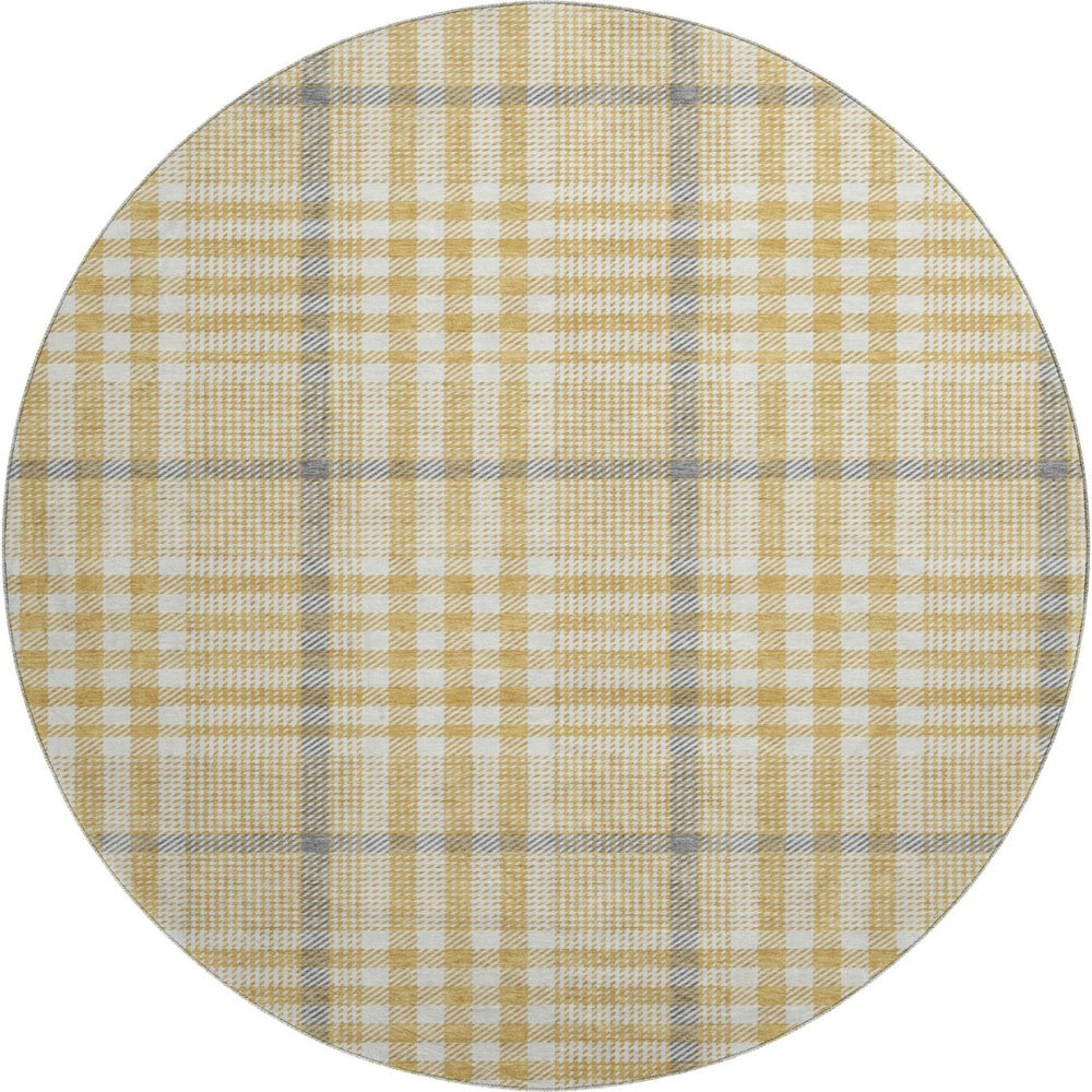 HomeRoots 8' Gold Ivory and Gray Plaid Washable Round Rug - Durable, UV-Protected, Stylish for Any Space 682628