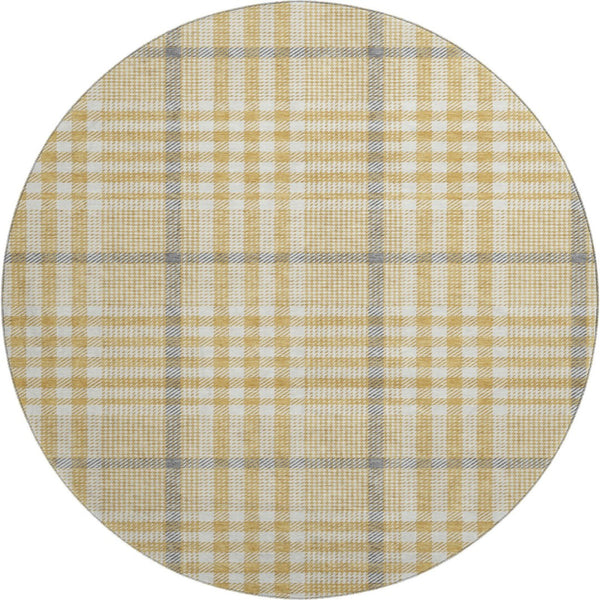 HomeRoots 8' Gold Ivory and Gray Plaid Washable Round Rug - Durable, UV-Protected, Stylish for Any Space 682628