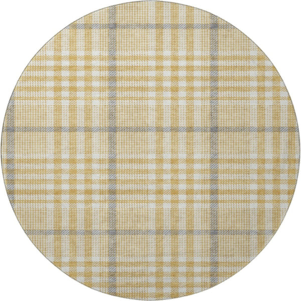 HomeRoots 8' Gold Ivory and Gray Plaid Washable Round Rug - Durable, UV-Protected, Stylish for Any Space 682628