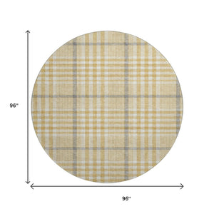 HomeRoots 8' Gold Ivory and Gray Plaid Washable Round Rug - Durable, UV-Protected, Stylish for Any Space 682628