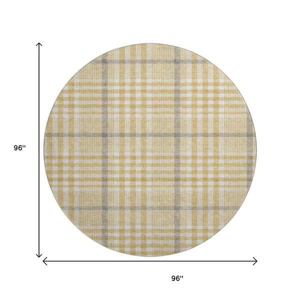 HomeRoots 8' Gold Ivory and Gray Plaid Washable Round Rug - Durable, UV-Protected, Stylish for Any Space 682628