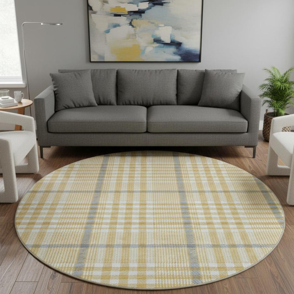 HomeRoots 8' Gold Ivory and Gray Plaid Washable Round Rug - Durable, UV-Protected, Stylish for Any Space 682628
